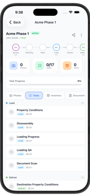 Relo-Cam mobile app — project detail with tasks, phases, and photo documentation